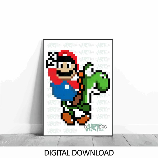 8bit Pixel Art | Retro Video Games | Games Room Art | Gamer Gift | Gaming Poster | Mario | Yoshi | Digital File Prints | Print at Home PNGs