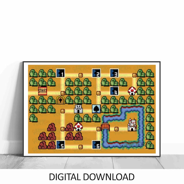 8bit Pixel Art | Retro Video Game | Map of the World Illustration | Gamer Gift | Gaming Poster | Digital File Prints | Print at Home PNGs