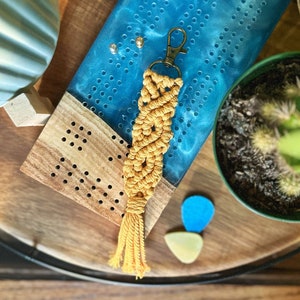 Gold Swirl Design Macrame Keychain, Handmade Macrame Keychain Yellow, Boho Style Macrame Keyring for Purses, Backpacks, Car Keys