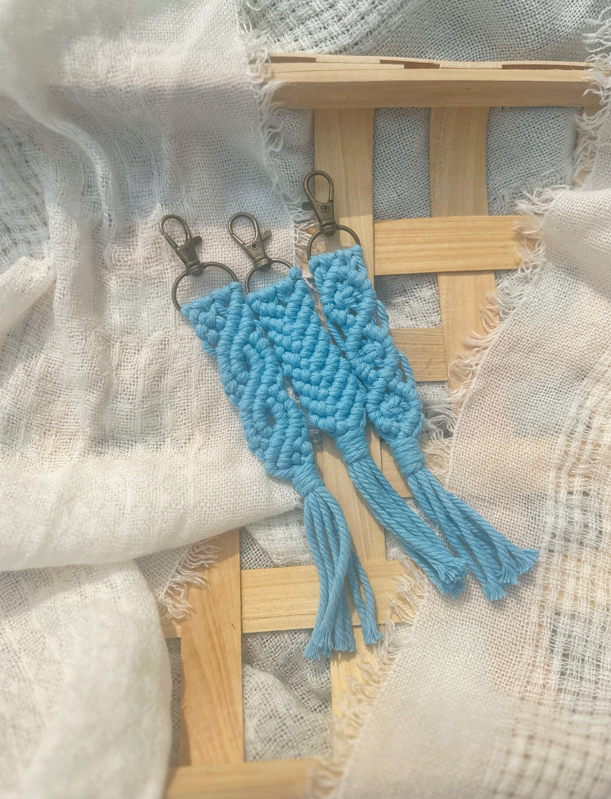 Set of 3 Light Blue Macrame Keychains, Boho Macrame Keychain Collection ...