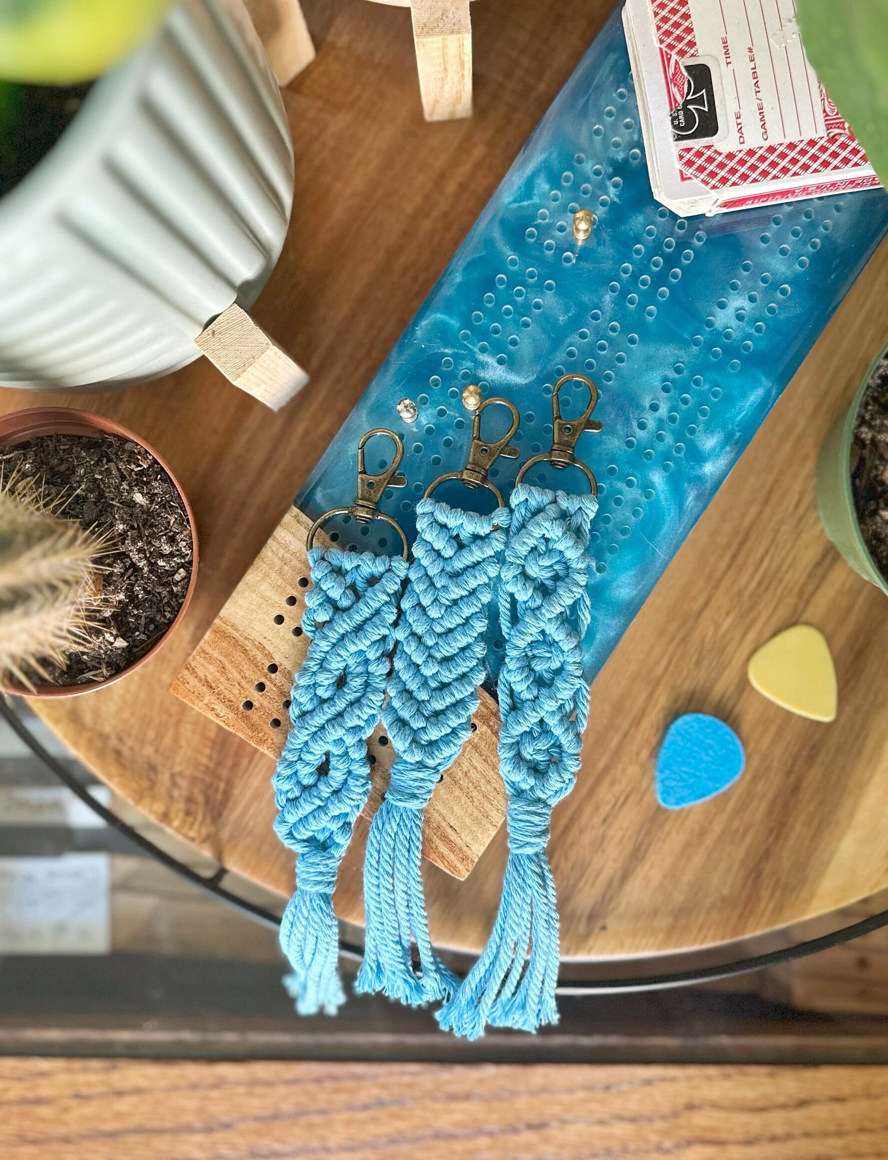 Set of 3 Light Blue Macrame Keychains, Boho Macrame Keychain Collection ...