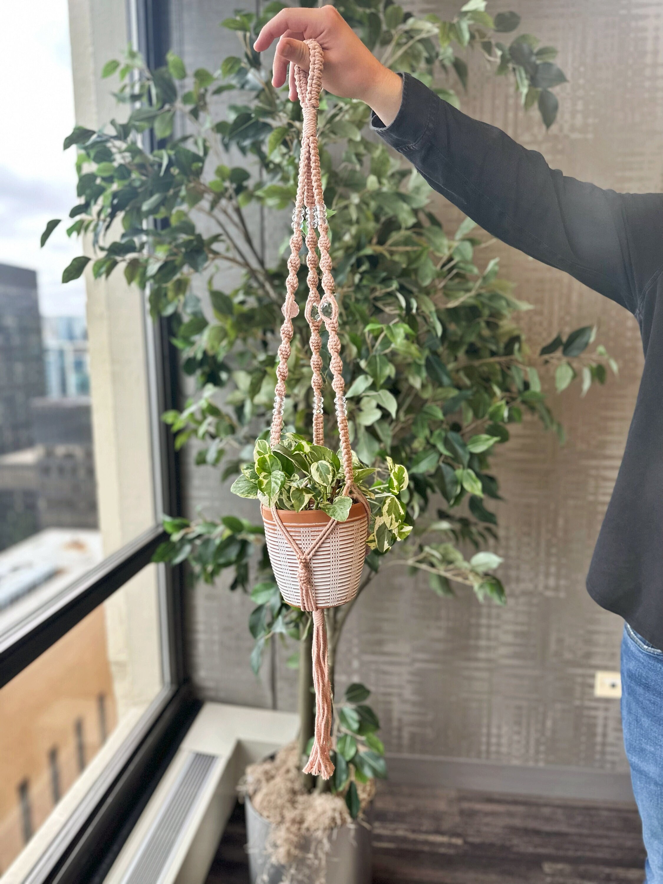 Pearl Sun Catcher Macrame Plant Hanger, Macrame Planter With Sun