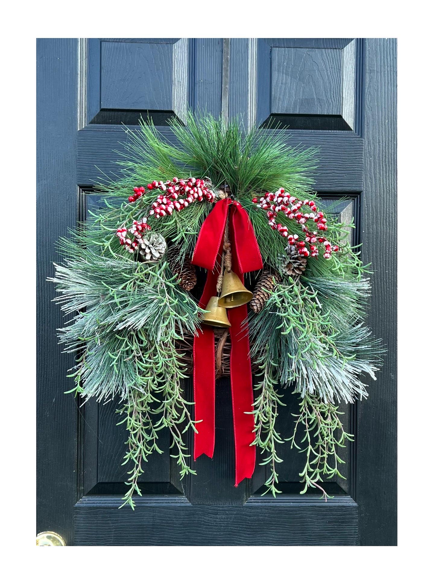 Christmas Bell Wreath for front door, Winter rustic flocked pine wreath, Farmhouse cabin porch decor,  cascading greenery wreath, gift idea,