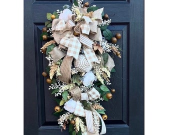 Everyday Neutral wreath swag for front door, All Seasons porch decor, Mother's Day gift, Spring decor, Summer vertical  wreath, birthday git