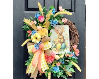 Easter Bunny Wreath for front door, Spring decor, Easter Decoration, Easter Egg rabbit vintage sign Grapevine Wreath, gift, wall art,