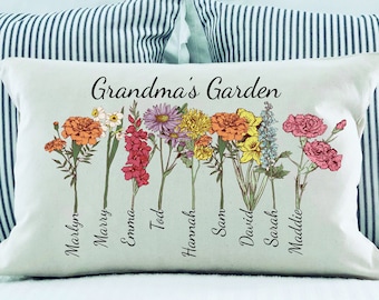 Fête des Mères, Coussin de famille, Fleur de naissance de famille, Cadeau personnalisé, Coussin décoratif, Fleur du mois de naissance, Jardin de grand-mère, Grand-mère