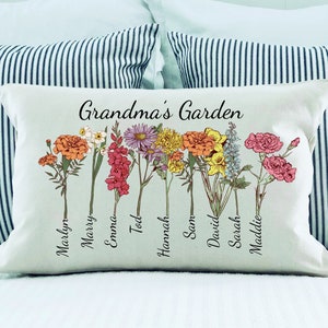 Regalo di fiori di nascita, festa della mamma della nonna, cuscino di famiglia, regalo personalizzato, cuscino decorativo, fiore del mese di nascita, cuscino da giardino della nonna