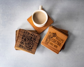 Restaurant Menu, Custom Qr Code, Qr Code Sign, Coaster Set, Wood Coaster, Engraved Coaster, Custom Wood Coaster, Wood Burning Coaster