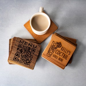 Menú de restaurante, Código Qr personalizado, Signo de código Qr, Juego de posavasos, Posavasos de madera, Posavasos grabados, Posavasos de madera personalizados, Posavasos de leña