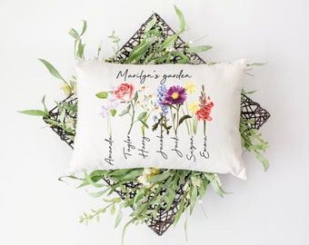 Coussin de jardin de grand-mère personnalisé, coussin de fleurs de naissance personnalisé, coussin de jardin de grand-mère avec petits-enfants, cadeau pour grand-mère, cadeau de fête des mères