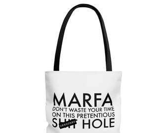 Marfa Hated on Yelp Tote Bag, Marfa Texas Print, Travel Tote, Beach Bag, Shopping Tote, Sturdy Handbag, Everyday Bag, Word Art Bag