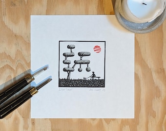 May include: Black and white woodcut print of a stylized tree with a person and a dog walking in front of it. The sun is red and the print is numbered 1/50 "Calm" and signed "Hal Comet 23".