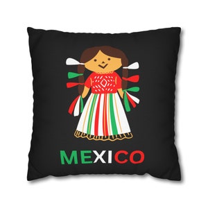 Mexico | Spun Polyester | Square Pillow Case | Mexican Doll