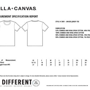 May include: A size chart for a unisex jersey tee shirt. The chart shows the measurements in inches for chest and body length from the highest point of the shoulder. The sizes listed are XS, S, M, L, XL, 2XL, 3XL, and 4XL.