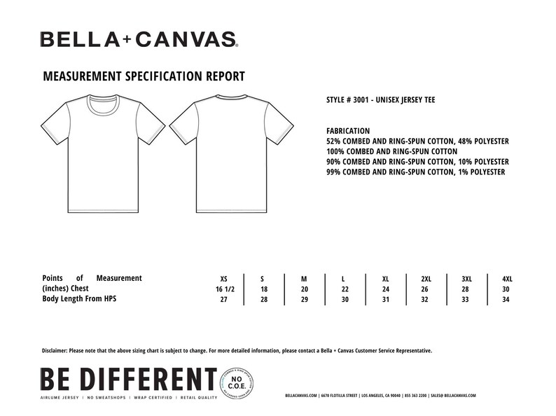 May include: A size chart for a unisex jersey tee shirt. The chart shows the measurements in inches for chest and body length from the highest point of the shoulder. The sizes listed are XS, S, M, L, XL, 2XL, 3XL, and 4XL.