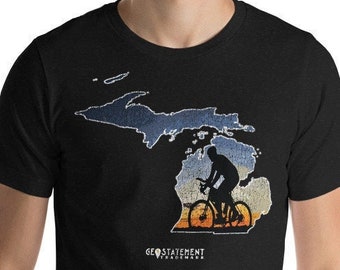 Bike Michigan Shirt | Cyclist Sunset Silhouette Tee | Michigan Ride Gift