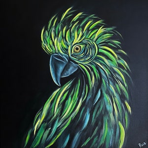 Messenger- Abstract Green Parrot Wall Art - Original Oil Painting on Gallery Wrapped Canvas - 24&quot;x24&quot;