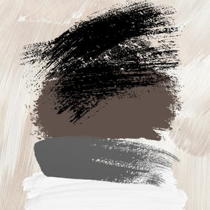 May include: Abstract art painting with three horizontal brushstrokes in black, brown, and gray on a beige background.
