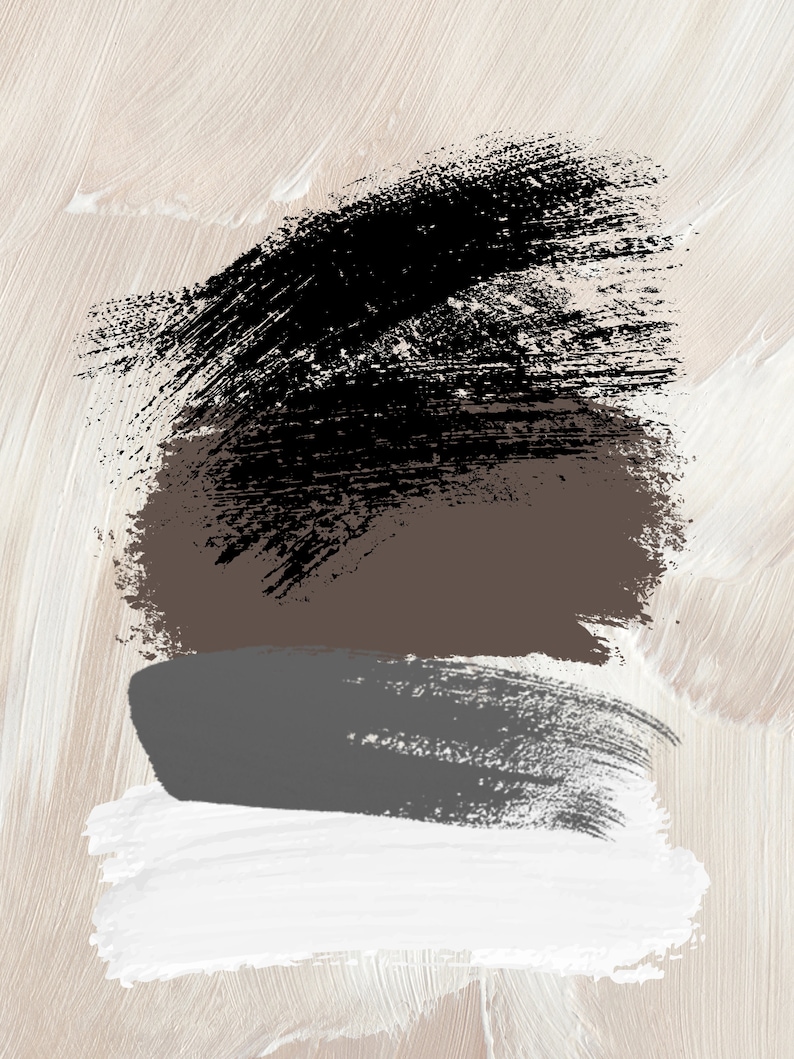 May include: Abstract art painting with three horizontal brushstrokes in black, brown, and gray on a beige background.