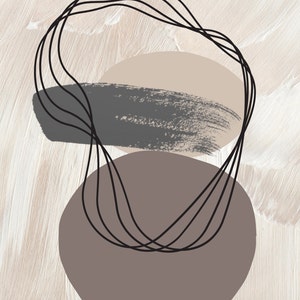 May include: Abstract art print with a beige background and two overlapping circles. One circle is brown and the other is beige. The circles are surrounded by black lines.