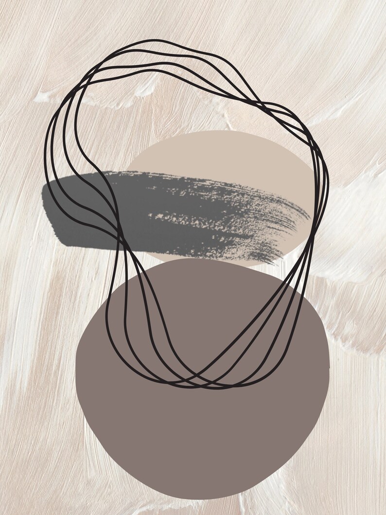 May include: Abstract art print with a beige background and two overlapping circles. One circle is brown and the other is beige. The circles are surrounded by black lines.