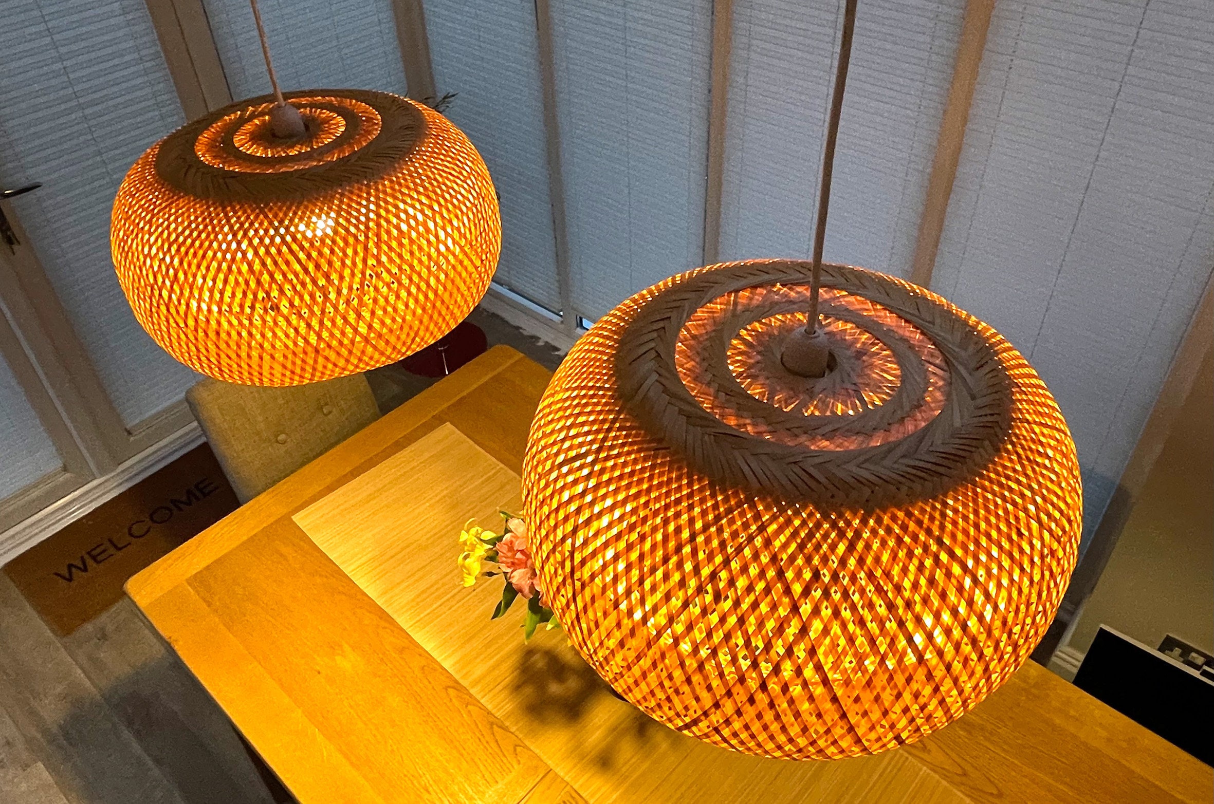 Handmade Woven Rattan Wicker Lampshade Pendant Ceiling Light Shade Pumpkin Round Shape Wood