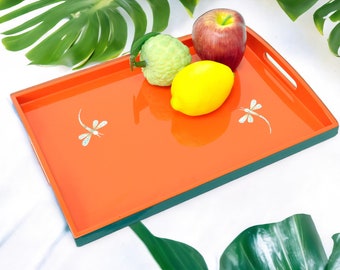 Bandeja rectangular de madera hecha a mano, respetuosa con el medio ambiente, lacada de alta calidad, bandeja decorativa con incrustaciones de cáscara de huevo, naranja-marrón natural