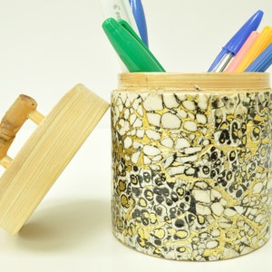 Bamboo canister pot handmade cylinder wooden jar with lid, inlaid with egg shell, black-gold effect, HTT012