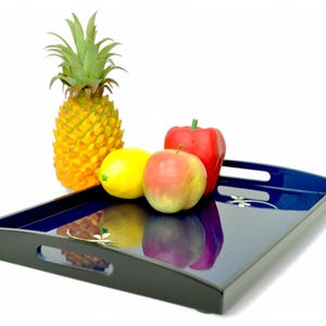 Eco handmade wooden rectangular tray - Exclusive and Fine quality lacquer serving decorative tray inlaid with eggshell, Blue-Black