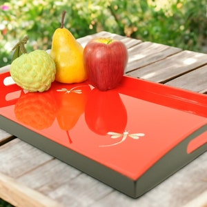 Eco friendly handmade wooden rectangular tray - fine quality lacquer serving decorative tray inlaid with eggshell, Red-Black