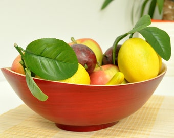 Handmade Oval Bamboo Bowl, Red & Natural Wood, Decorative Homeware