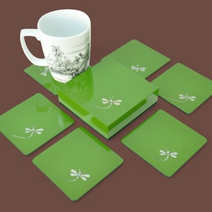 6 Handmade Lacquer Wooden Coasters and Box Storage with Eggshell Inlay, Square Coasters Green