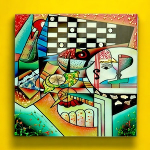 May include: Abstract art painting on a square canvas with a checkered pattern, a face with a gold crown, and a lemon slice. The painting is done in a variety of colors, including red, yellow, green, blue, and black.
