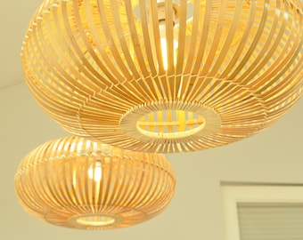 Großer Bambus-Lampenschirm, handgefertigter Decken-Anhängerschirm, ellipsoide Lampenform, natürliche Holzbraunfarbe, LA014L