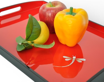Handmade Red Lacquer Tray – Dragonfly Eggshell Inlay, Decorative Serving Tray