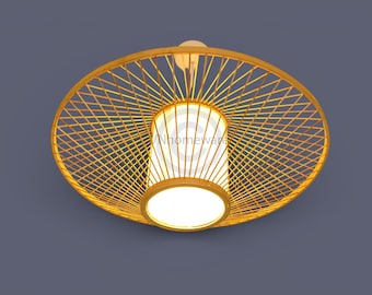 Large Bamboo lampshade Pendant Ceiling Shade, Round Handmade Wood Hanging Light Brown LA006L