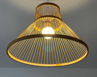 Round Bamboo lampshade Pendant Ceiling Shade, Hat Shape Handmade Wood Hanging Light Brown