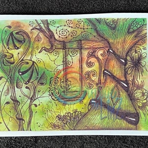 May include: A watercolor painting of a tree with a swing hanging from its branches. The tree is surrounded by green foliage and vines. The painting has a whimsical and dreamlike quality.