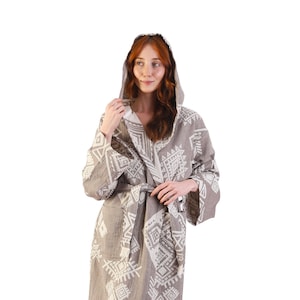 EMERALD - Light Brown Ethnic Pattern Robe, Lightweight Kimono Robes For Women, Getting Ready Robe, Hooded Summer Bathrobe, Dressing Gown