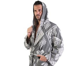 EMERALD - Dark Gray Ethnic Pattern Lightweight Mens Robe, Kimono Robes for Men, Hooded Turkish Bathrobe, Cotton Summer Robe, Dressing Gown