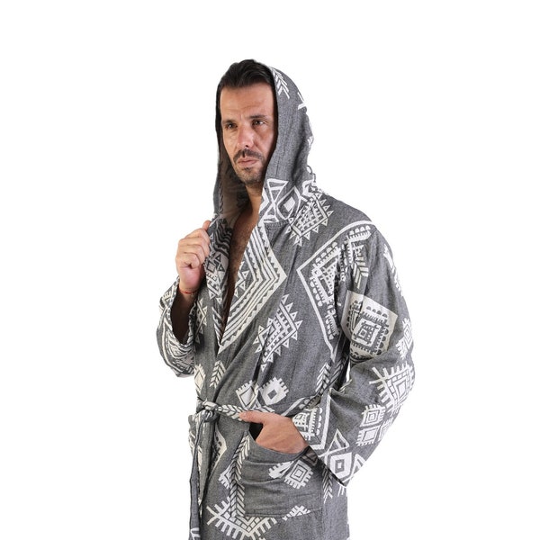 EMERALD - Dark Gray Ethnic Pattern Lightweight Mens Robe, Kimono Robes for Men, Hooded Turkish Bathrobe, Cotton Summer Robe, Dressing Gown