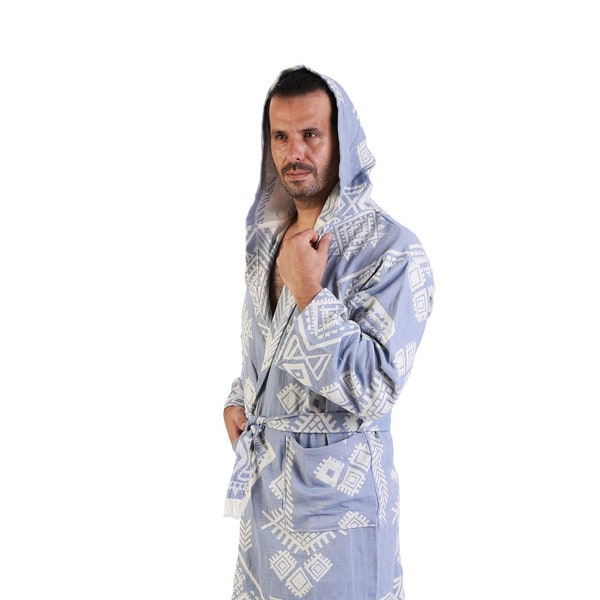 EMERALD - Light Blue Ethnic Pattern Lightweight Mens Robe, Kimono Robes for Men, Hooded Turkish Bathrobe, Cotton Summer Robe, Dressing Gown