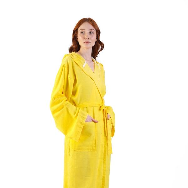 Yellow Turkish Cotton Women Robe, Cotton Dressing Gown, Personalized Beach Robe, Bridesmaids Gift, Bachelorette Party Robes, Hooded Bathrobe