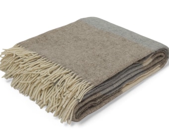 Light Brown - Grey - Cream Striped Wool Blanket: Vintage Style Throw