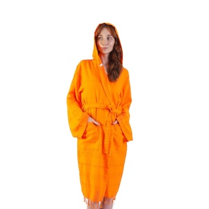 Oranje Turkse katoenen dames badjas, kamerjas, gepersonaliseerde katoenen badjas, bruidsmeisjes cadeau, vrijgezellenfeest gewaden, badjas met capuchon