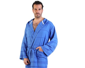 Midnight Blue Turkish Cotton Men Robe, Dressing Gown, Personalized Cotton Beach Robe, Groomsmen Gift, Bachelor Party Robes, Hooded Bathrobe