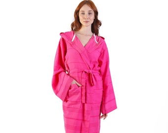Hot Pink Turkish Cotton Women Robe, Dressing Gown, Personalized Cotton Robe, Bridesmaids Gift, Bachelorette Party Robes, Hooded Bathrobe