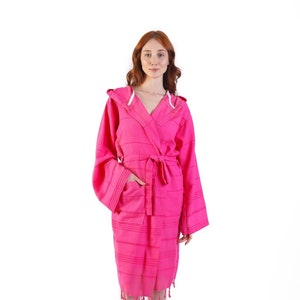 Personalized Hot Pink Cotton Robe, Lightweight Dressing Gown, Beach Pool Sauna Hot Tub Cover Up, Hooded Turkish Summer Bathrobe