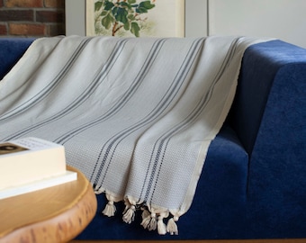 Baby Blau Türkische Baumwolldecke Couch, Gestreifte Handgewebte Couch Decke, Kuschelige Decke, Sommerdecke, Bettdecke, Picknickdecke