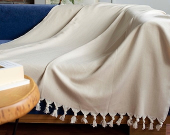 Beige Herringbone Cotton Throw Blanket Couch, Cotton Couch Cover, Handwoven Bedspread, Cozy Blanket, Summer Blanket, Picnic Blanket